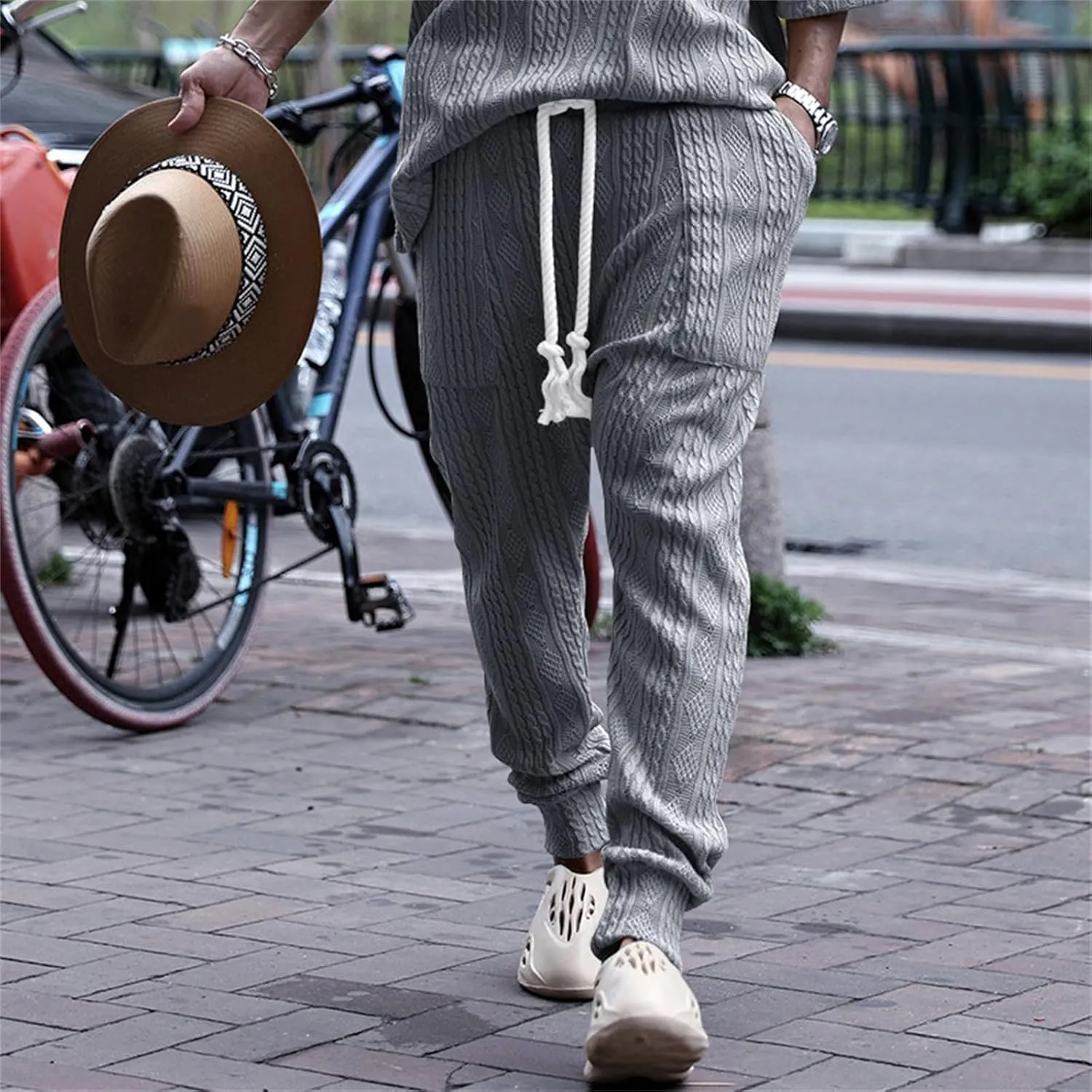 Men's Chino Harem Pants Fit Casual Pull-On Cotton Sweatpants Solid Colors Drawstring Waists for Outdoor Everyday