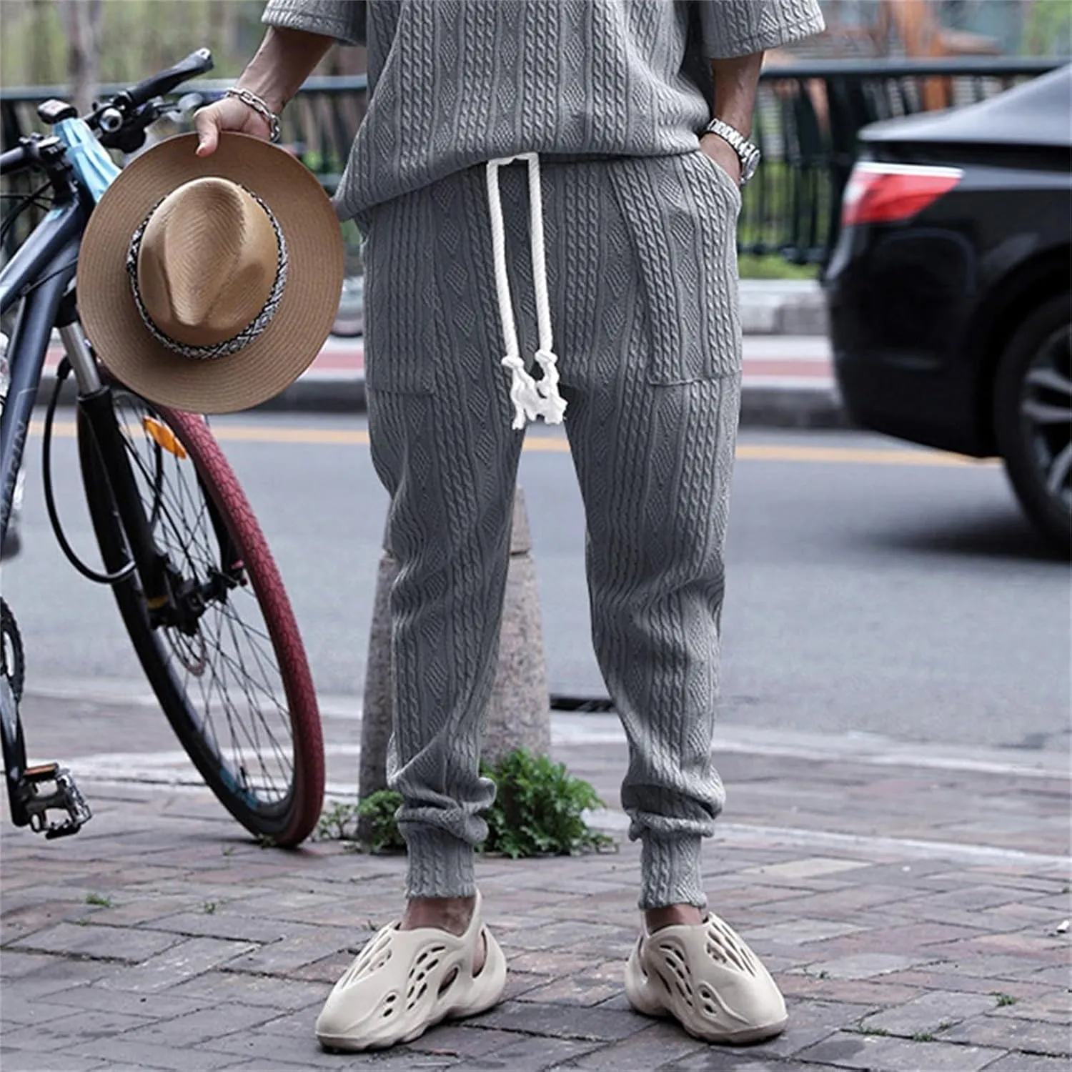 Men's Chino Harem Pants Fit Casual Pull-On Cotton Sweatpants Solid Colors Drawstring Waists for Outdoor Everyday