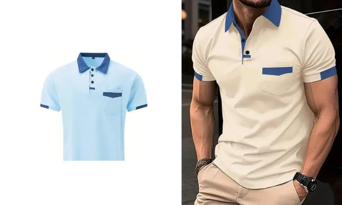 Men's Colour-Block Patchwork Polo Shirt With Zipper Detailing