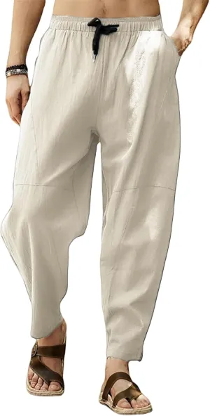 Men's Cotton Linen Casual Hip-Hop Pants Elastic Waist Drawstring Lightweight Pans Loose Fit Summer Beach Yoga Trousers