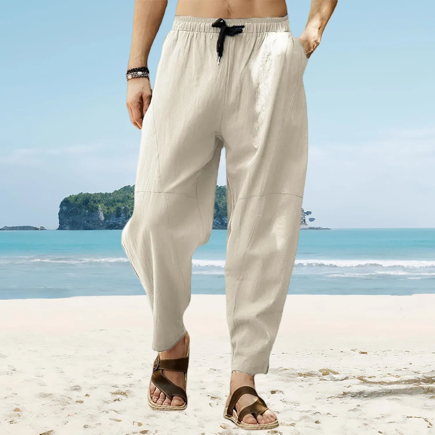 Men's Cotton Linen Casual Hip-Hop Pants Elastic Waist Drawstring Lightweight Pans Loose Fit Summer Beach Yoga Trousers