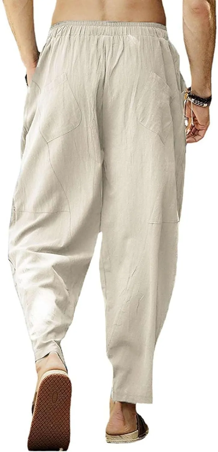 Men's Cotton Linen Casual Hip-Hop Pants Elastic Waist Drawstring Lightweight Pans Loose Fit Summer Beach Yoga Trousers
