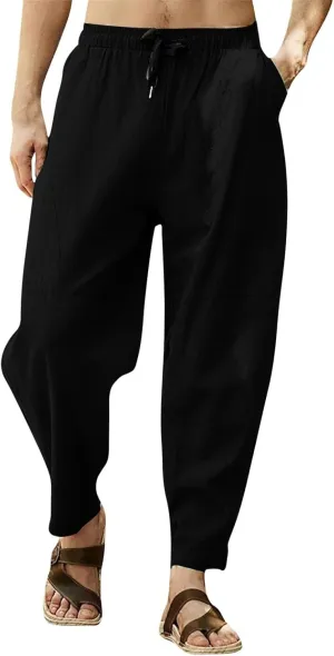 Mens Cotton Linen Trousers Casual Loose Solid Pants Summer Lightweight Drawstring Waist Pant Going Out Soft Clothes