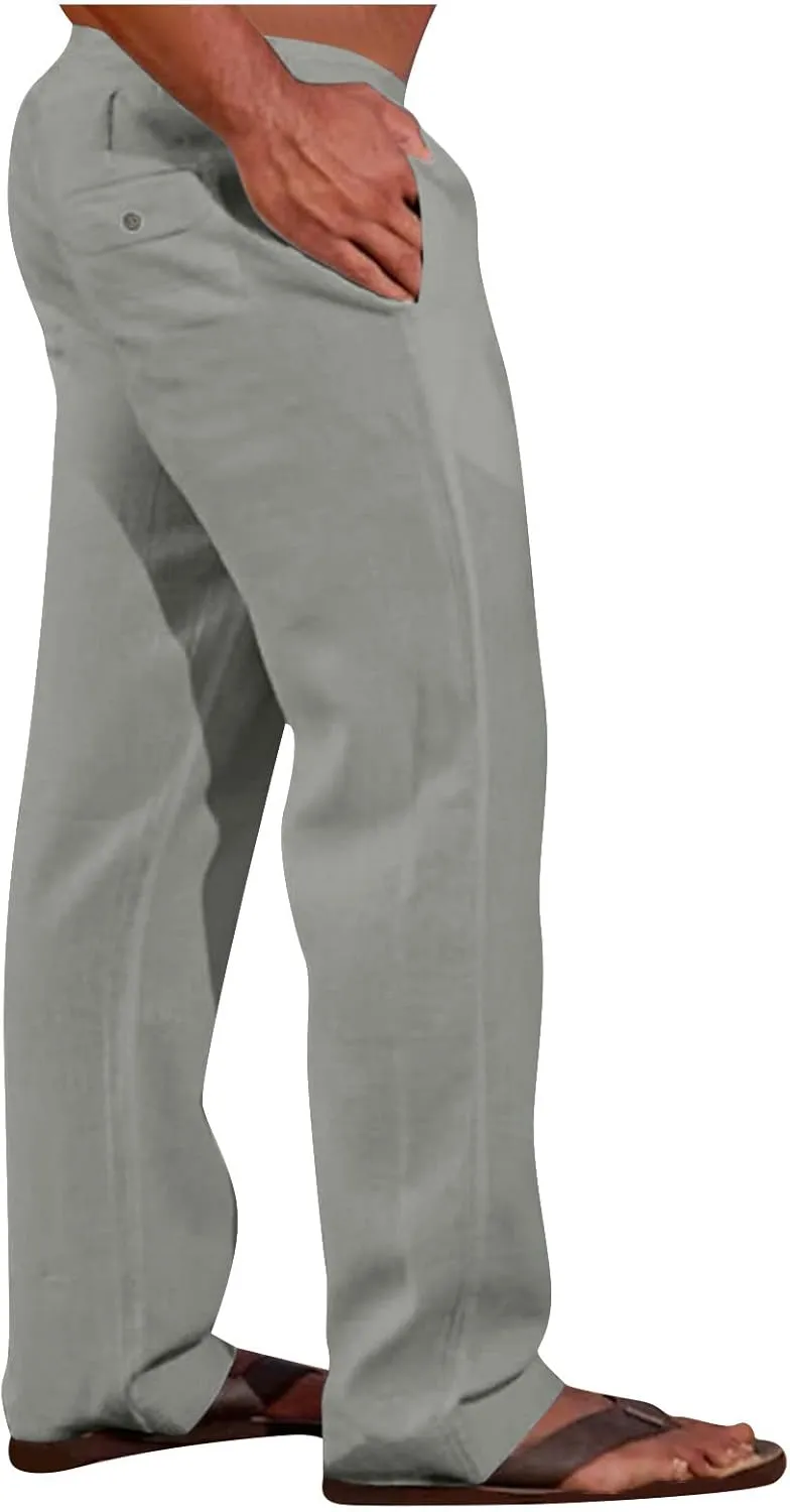 Mens Going Out Casual Pants Cotton Linen Blend Trousers Elastic Drawstring Waist Work Pant Solid New Comfy Clothing