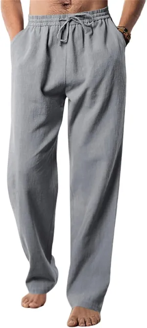 Men's Linen Pants Drawstring Elastic Waist for Yoga Beach Casual Wear Lightweight Loose Fit for Warm Weather