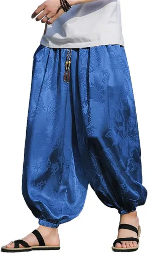 Men's Pants Summer Japanese Hong Kong Style Capri Cropped Harem Wide Leg Elastic Waist Casual Trouser