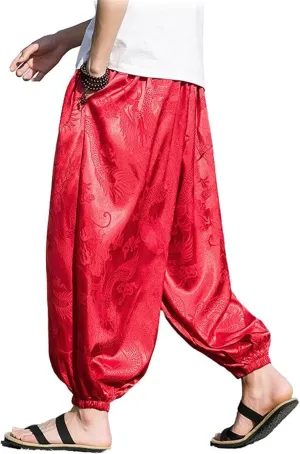 Men's Pants Summer Japanese Hong Kong Style Capri Cropped Harem Wide Leg Elastic Waist Casual Trouser