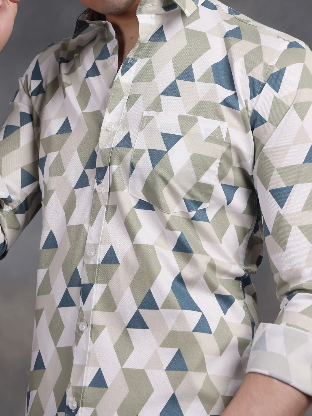 MENS PISTA GREEN AND WHITE TRIANGLE PRINT LYCRA COTTON  SHIRT