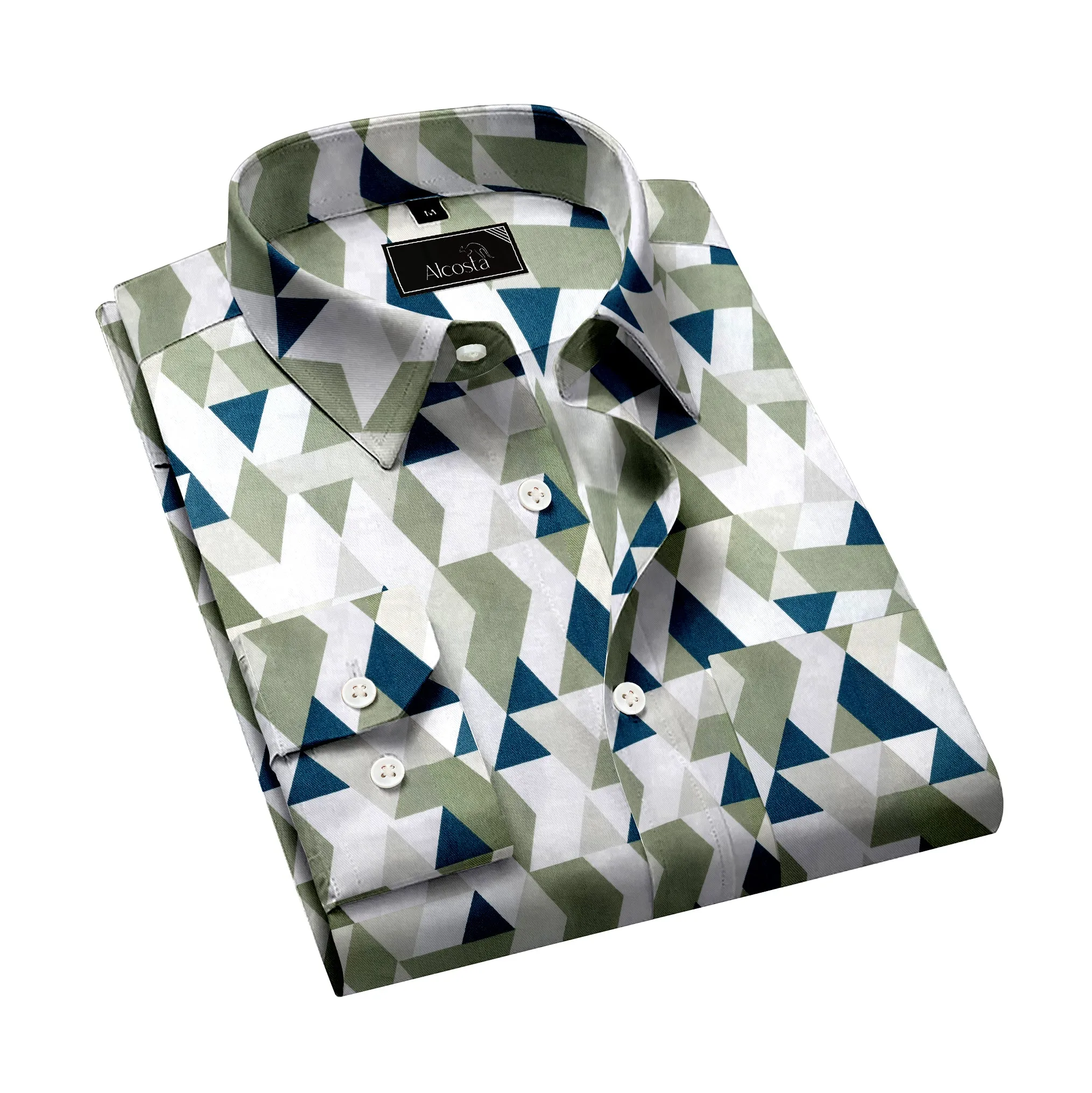 MENS PISTA GREEN AND WHITE TRIANGLE PRINT LYCRA COTTON  SHIRT