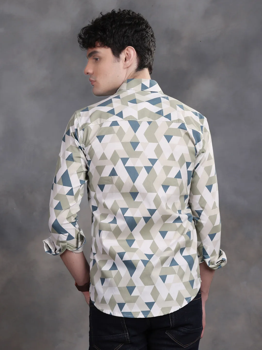 MENS PISTA GREEN AND WHITE TRIANGLE PRINT LYCRA COTTON  SHIRT