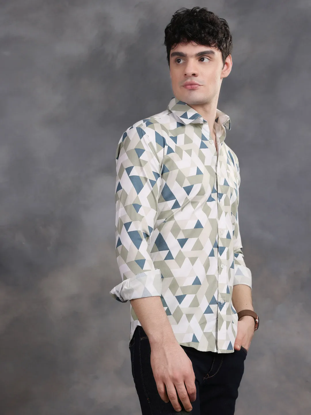 MENS PISTA GREEN AND WHITE TRIANGLE PRINT LYCRA COTTON  SHIRT