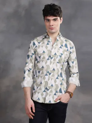 MENS PISTA GREEN AND WHITE TRIANGLE PRINT LYCRA COTTON  SHIRT