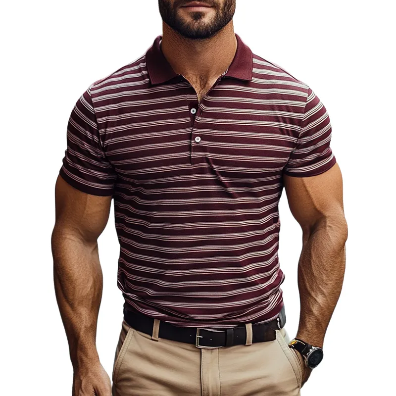 Men's Retro Casual Simple Striped Contrast Color Short-sleeved Polo Shirt 44157026TO