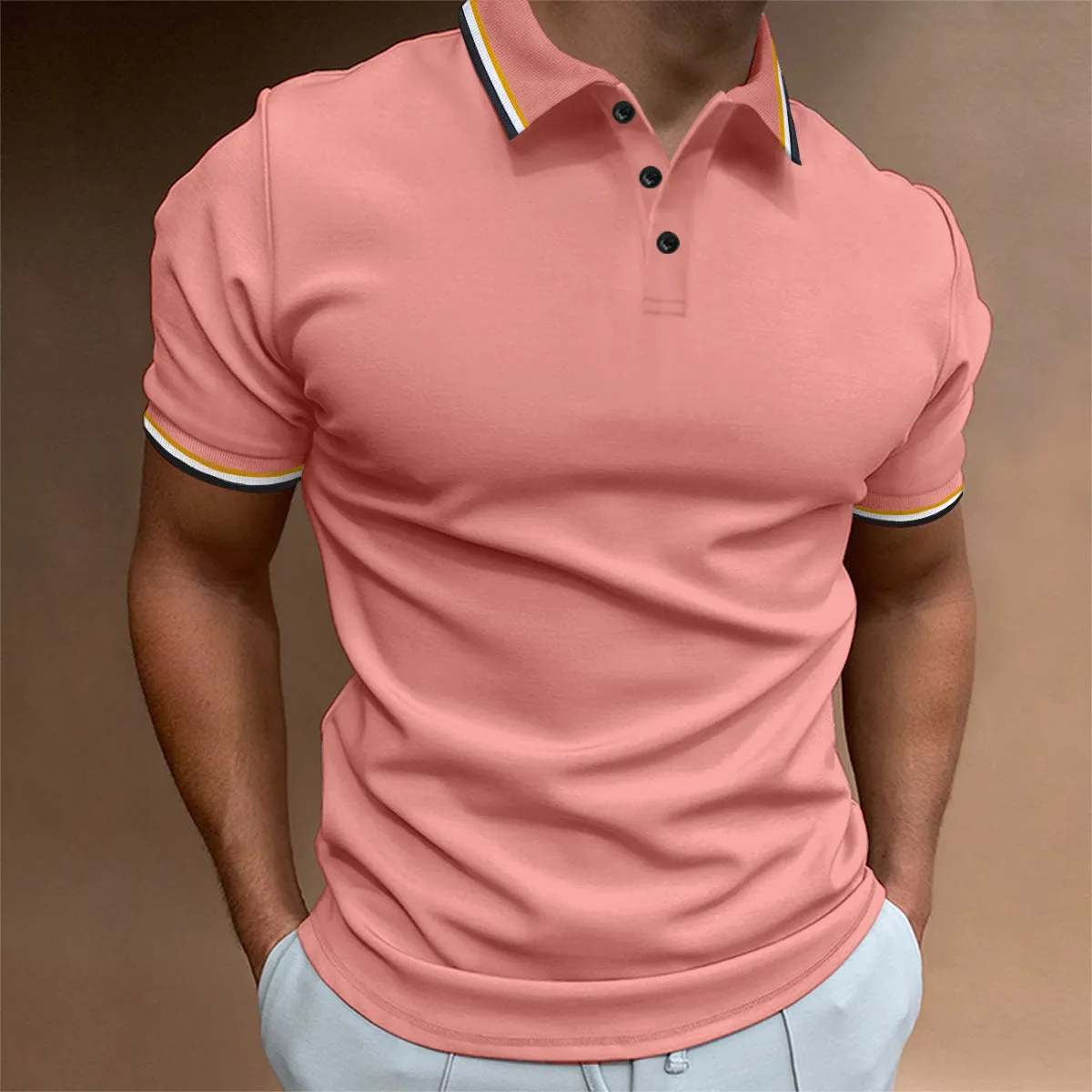 Men's Slim Polo Shirt Rib Striped T-shirt Top