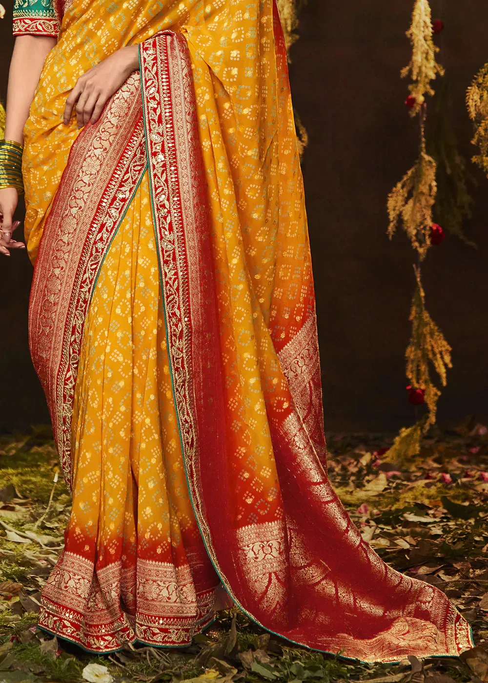 Merigold Orange Zari Weaving Georgette Silk Saree with Embroidery Designer Blouse