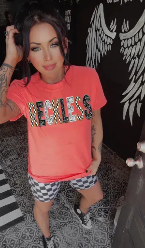 Neon coral comfort colors RECKLESS checkered graphic tee - matching shorts sold separately