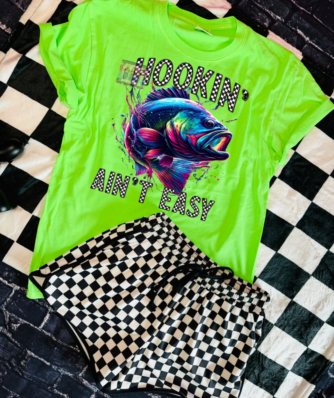 Neon Hookin aint easy comfort colors graphic tee // checkered shorts sold separately