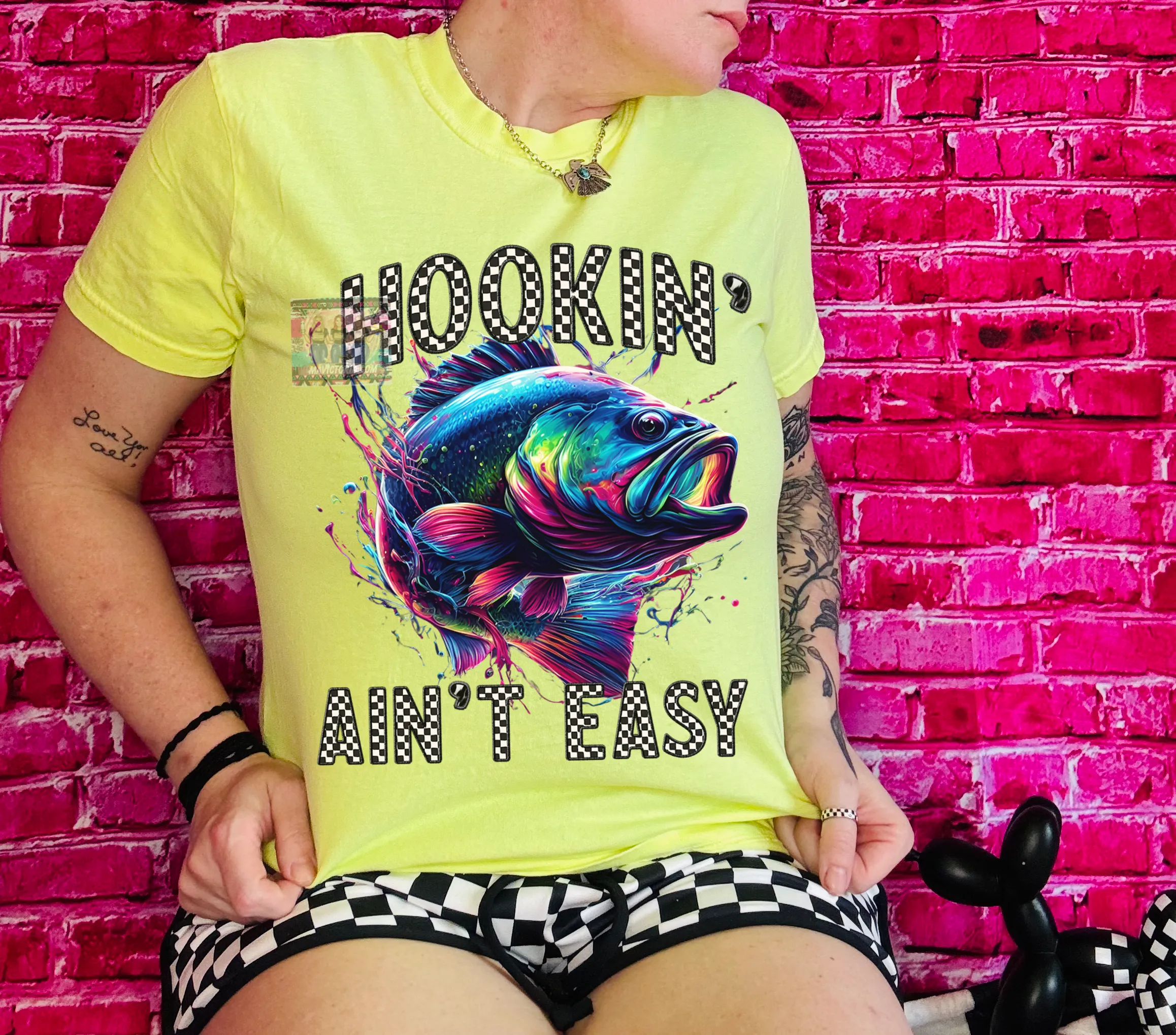 Neon Hookin aint easy comfort colors graphic tee // checkered shorts sold separately