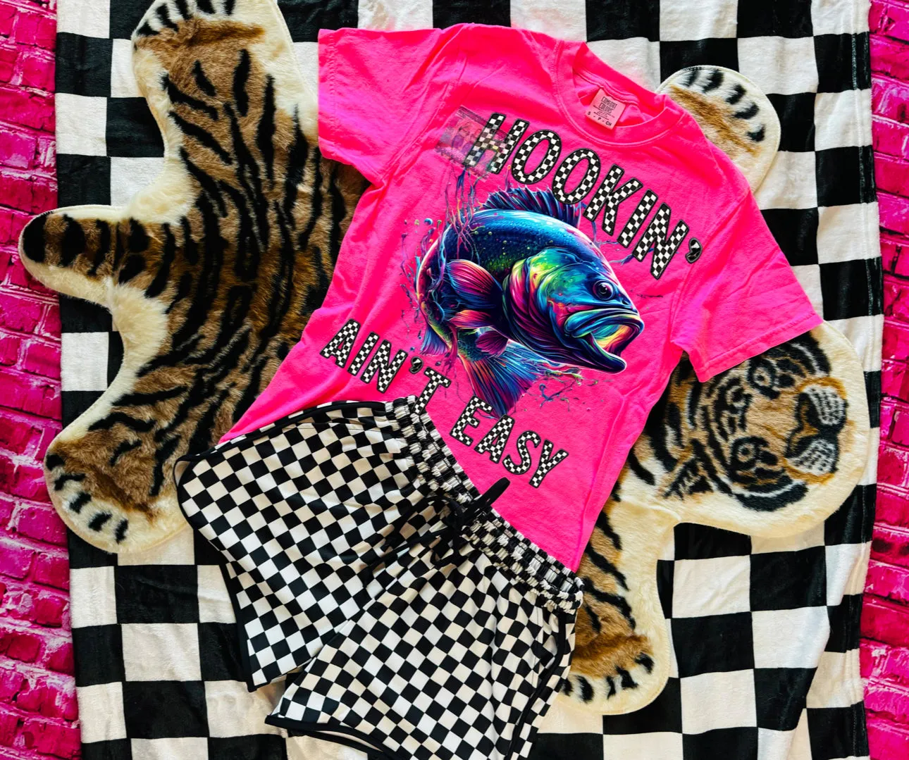Neon Hookin aint easy comfort colors graphic tee // checkered shorts sold separately