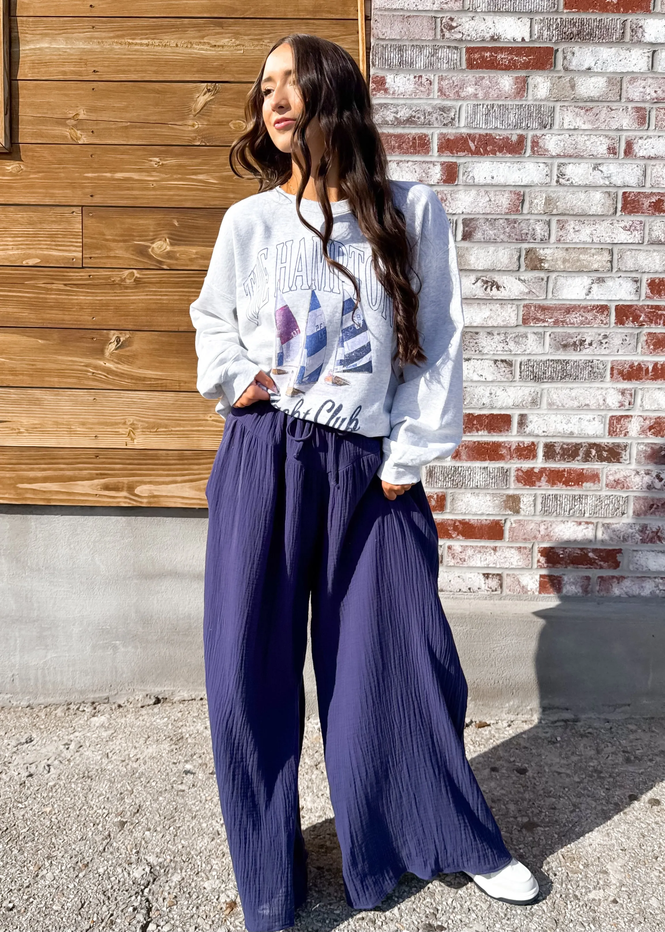 Off To Brunch Wide Leg Gauze Pant | Navy