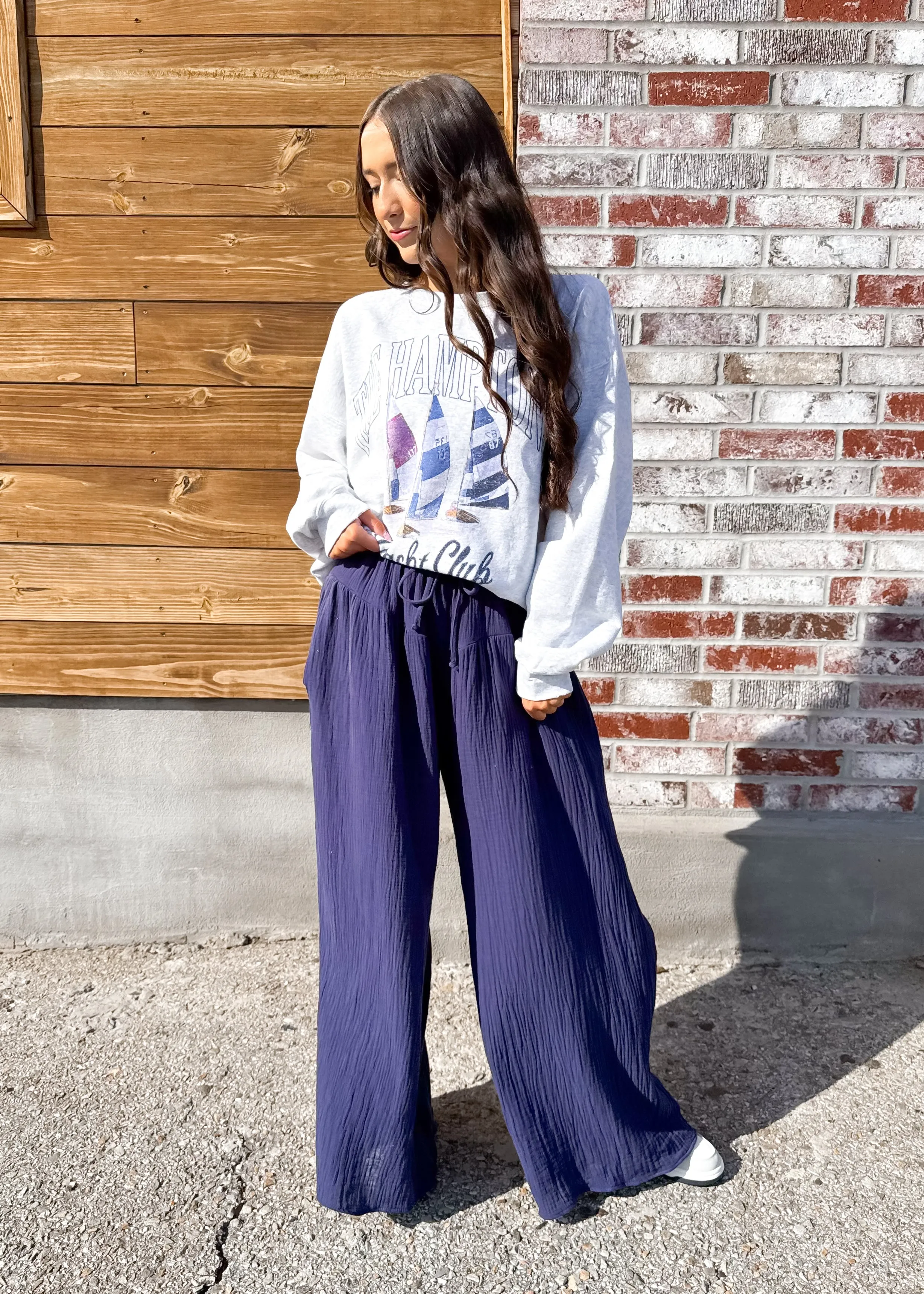 Off To Brunch Wide Leg Gauze Pant | Navy