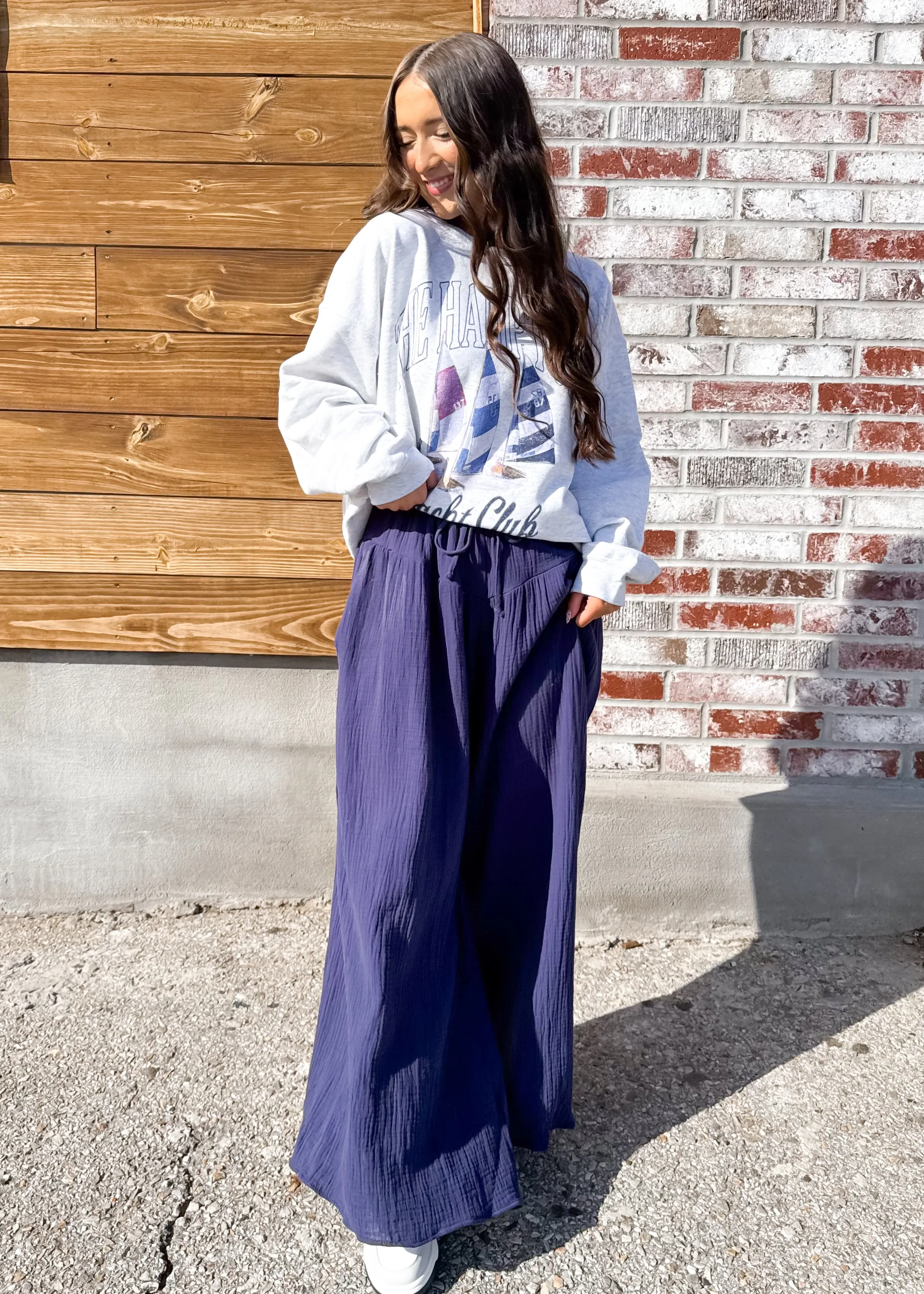 Off To Brunch Wide Leg Gauze Pant | Navy