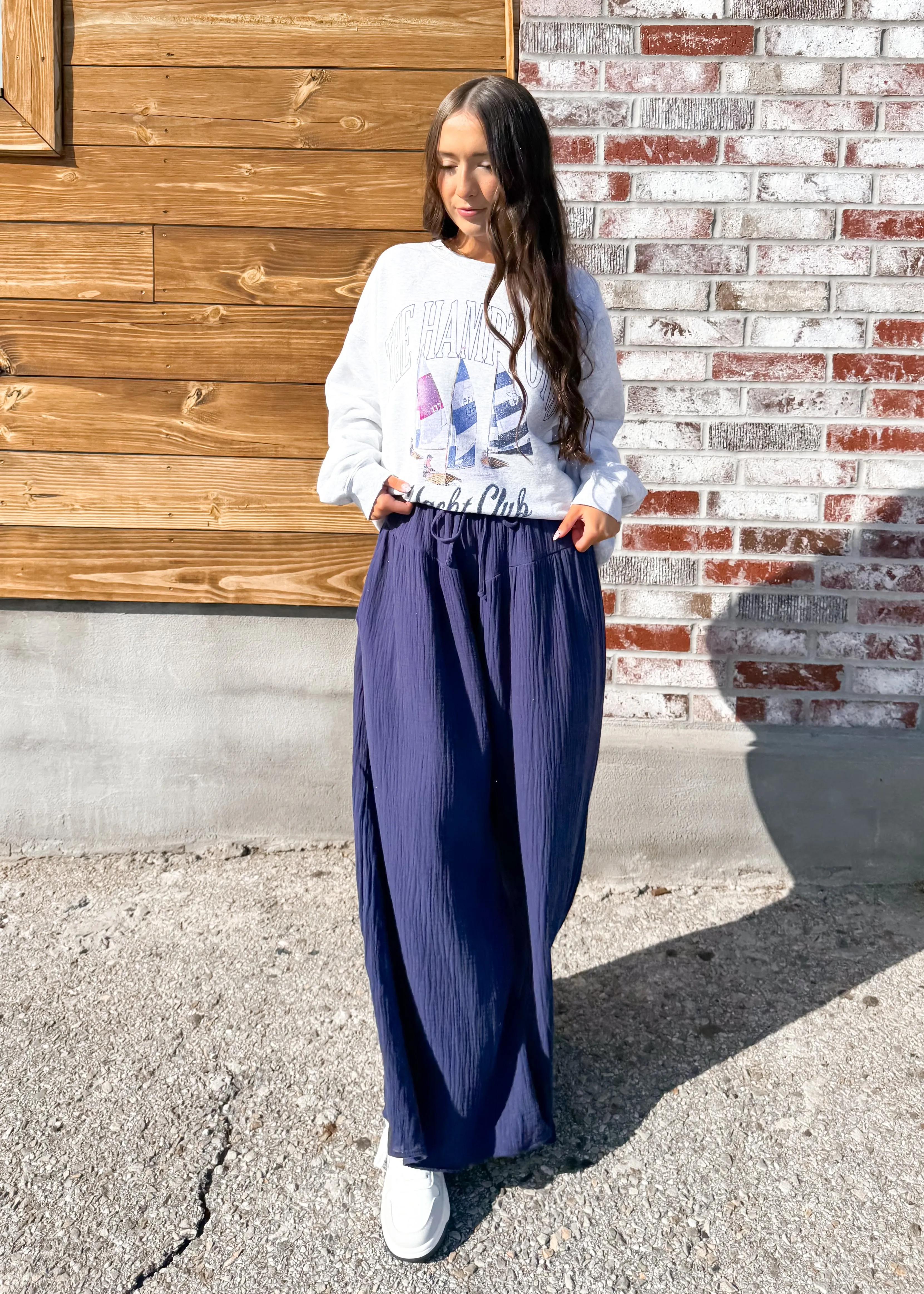 Off To Brunch Wide Leg Gauze Pant | Navy