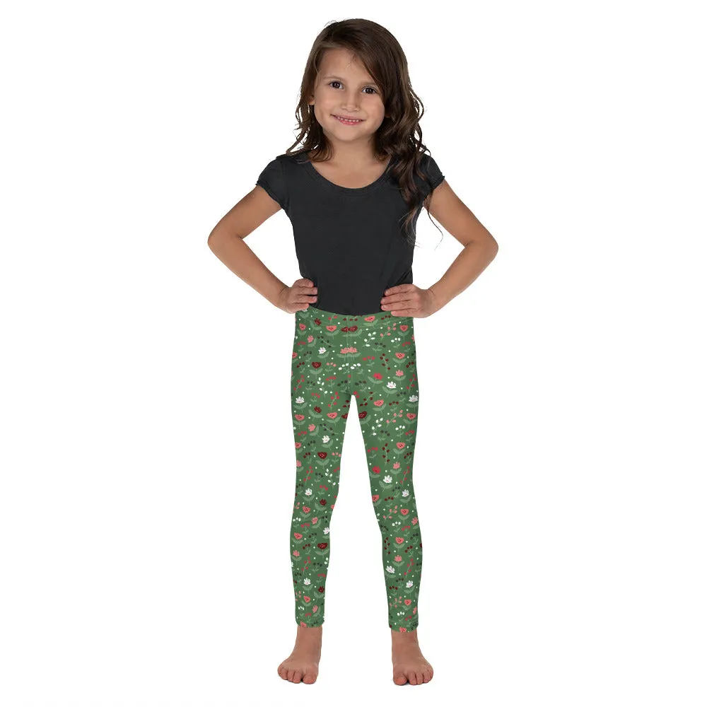Olive Green & Pink Floral Kid's Leggings (2T-7)