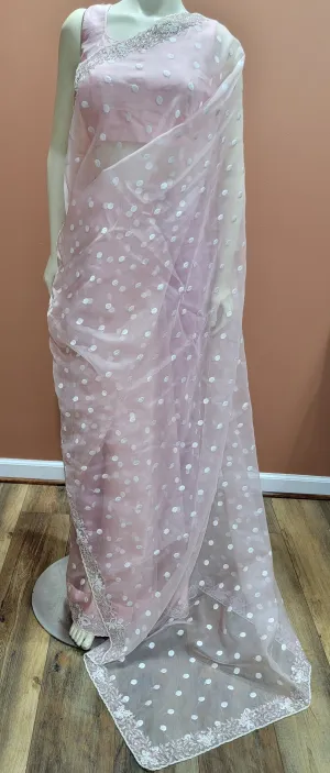 Organza Saree w/ Raw Silk Blouse in Pink