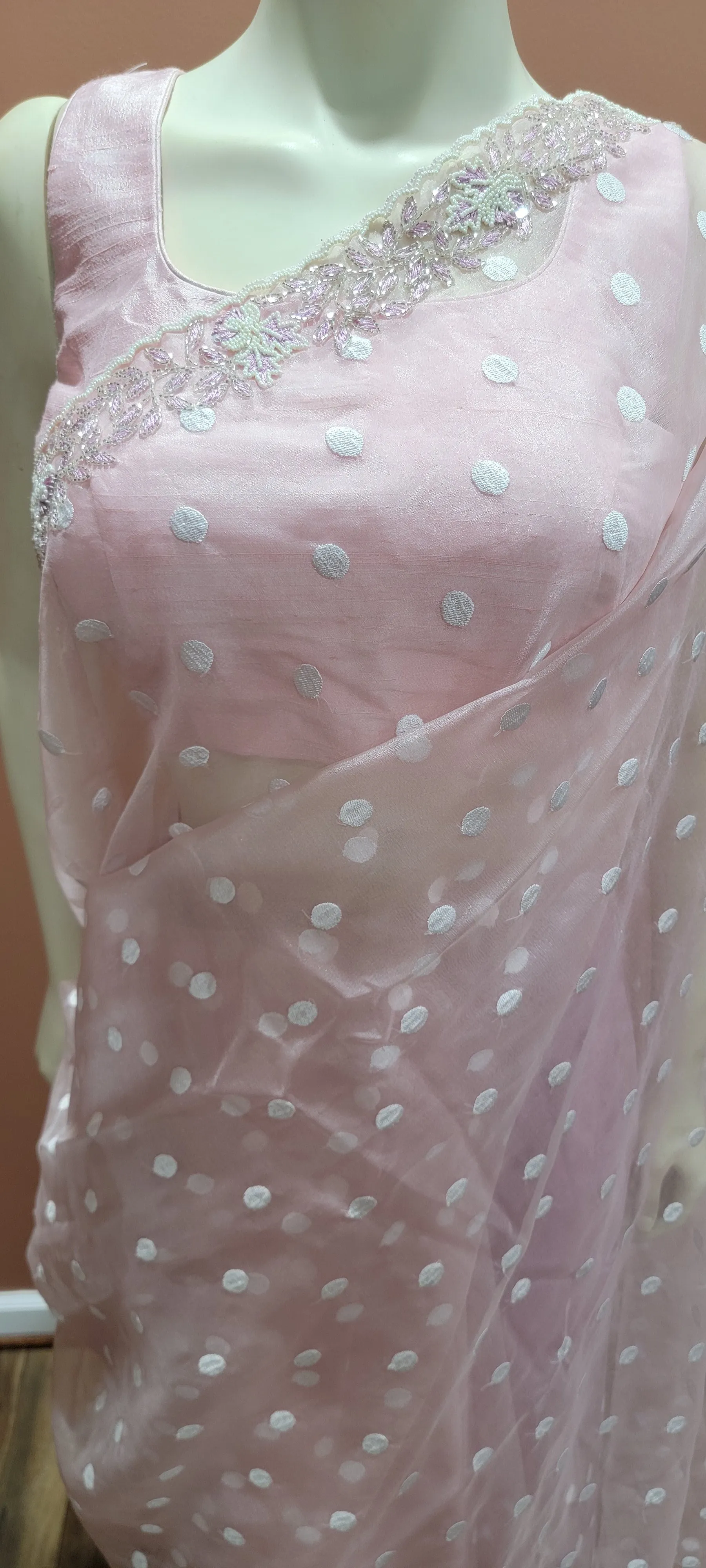 Organza Saree w/ Raw Silk Blouse in Pink