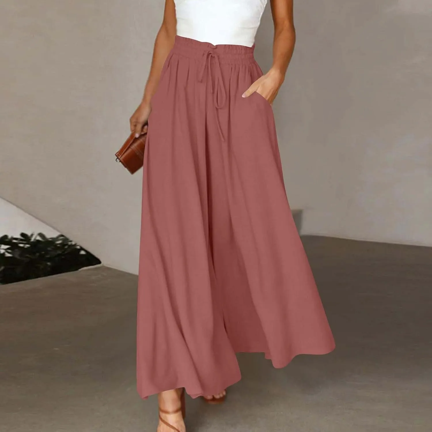 Palooza Wide Leg Pants Women Elastic Waisted Chiffon Baggy Flowy Long Lounge Trousers Beach Vacation Pant with Pockets