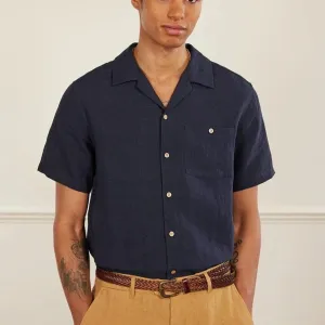 Percival Short Sleeve Cuban Shirt Linen in Navy