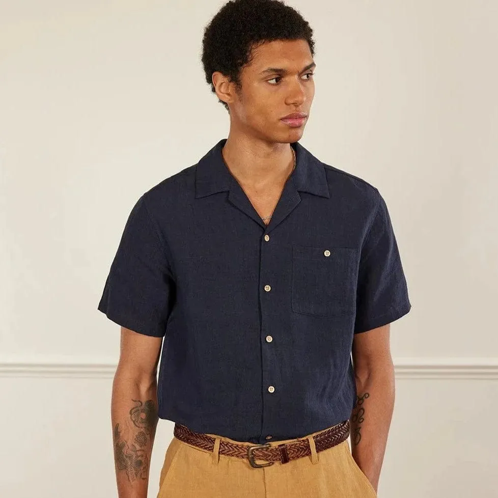 Percival Short Sleeve Cuban Shirt Linen in Navy