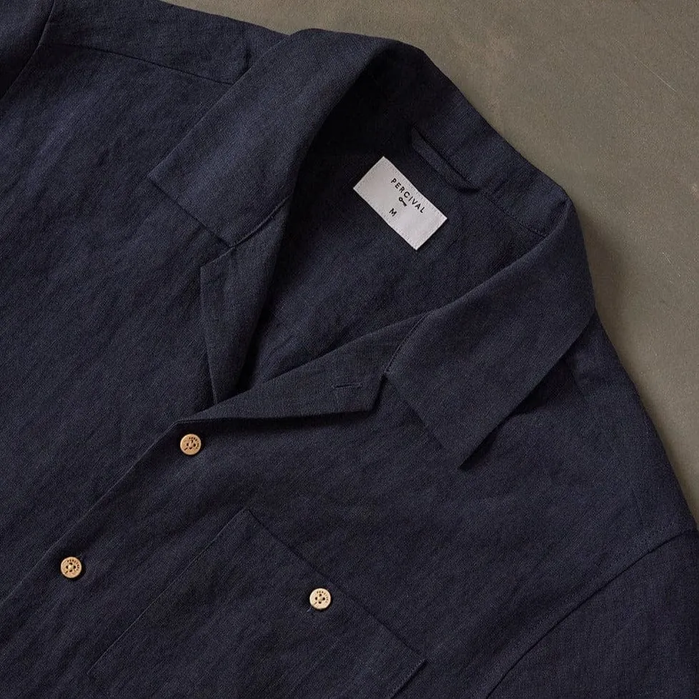 Percival Short Sleeve Cuban Shirt Linen in Navy