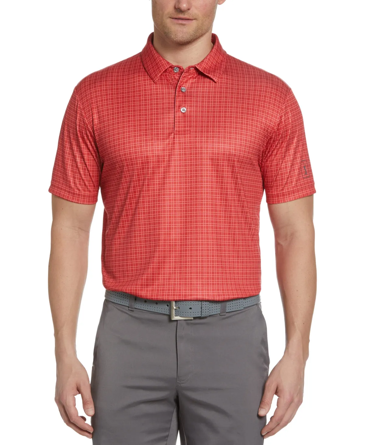 PGA TOUR Mens Check Print Short Sleeve Polo Shirt True Red Small