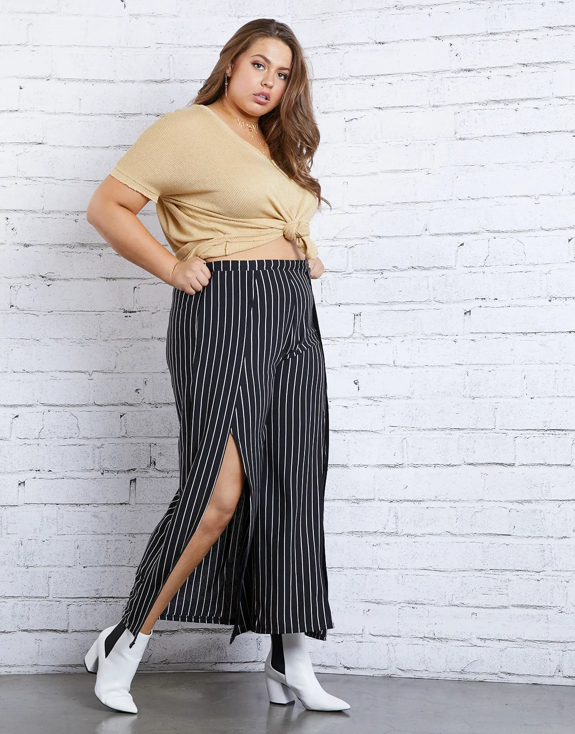 Plus Size Striped Slit Pants