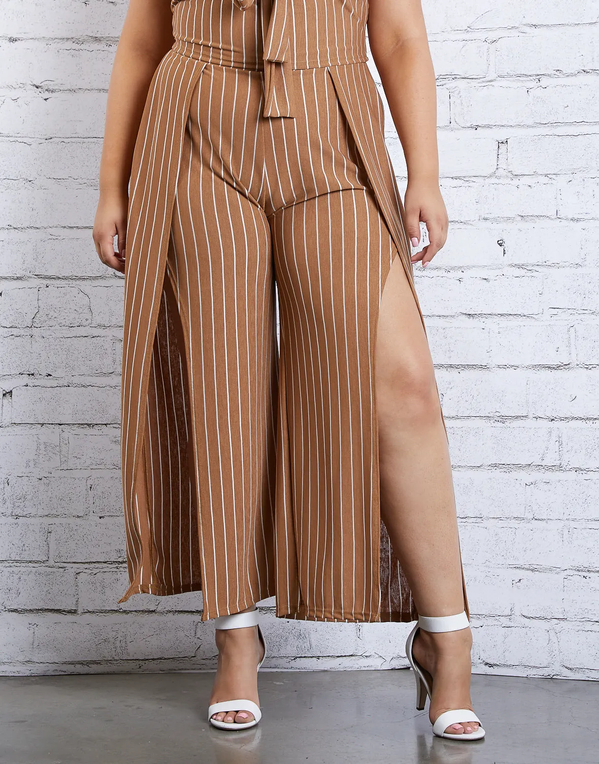 Plus Size Striped Slit Pants