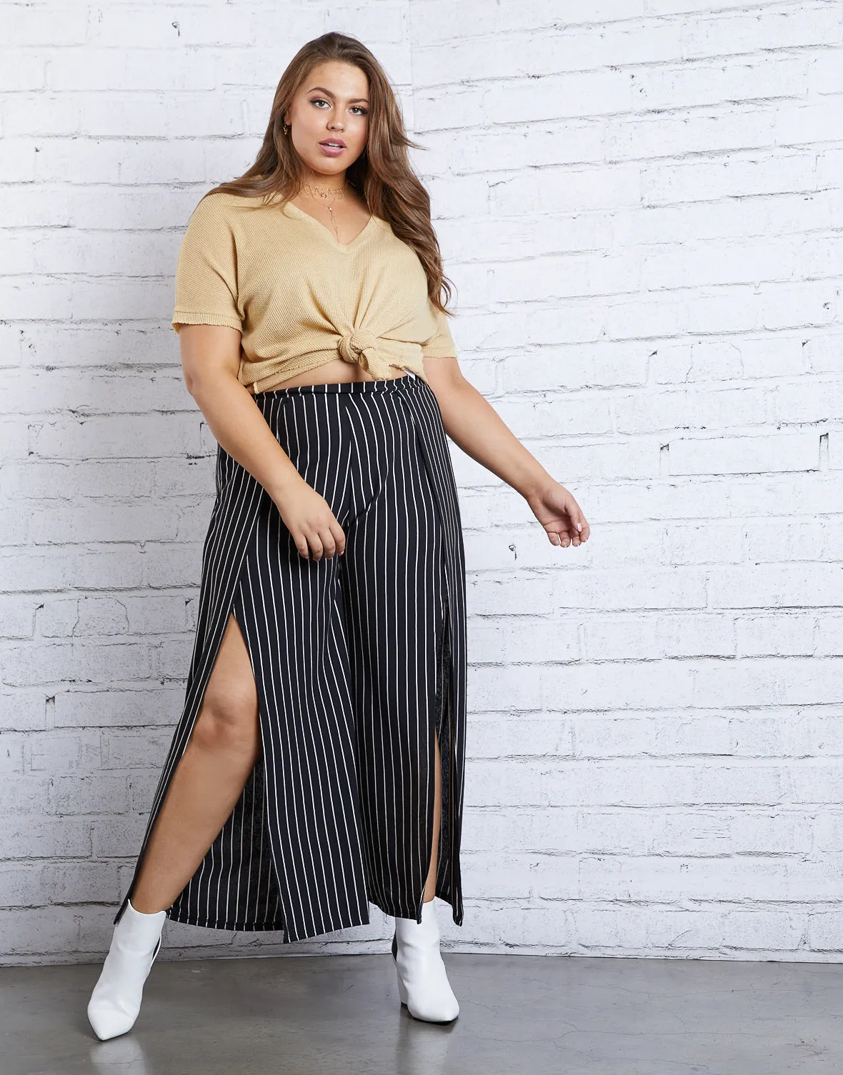 Plus Size Striped Slit Pants