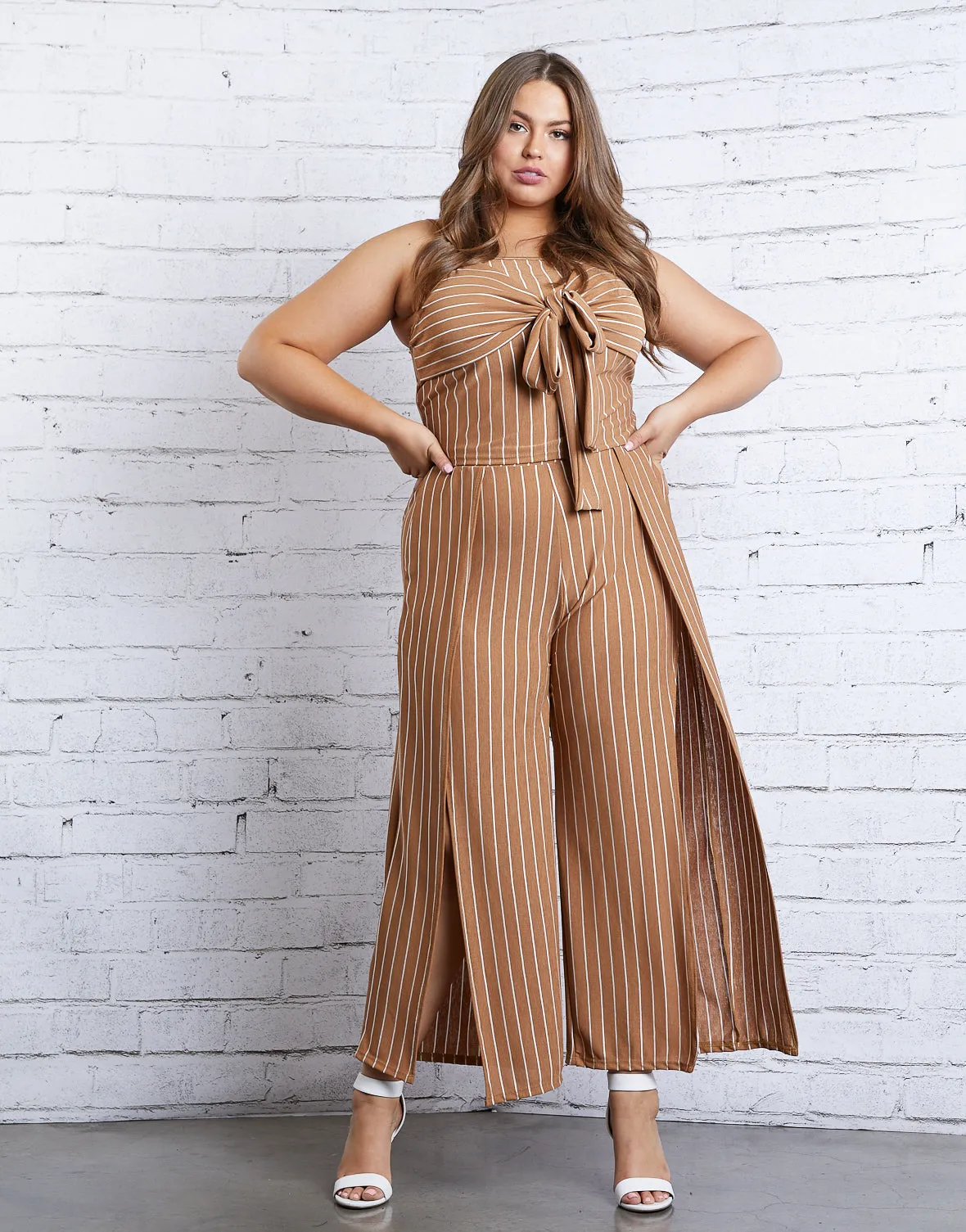 Plus Size Striped Slit Pants