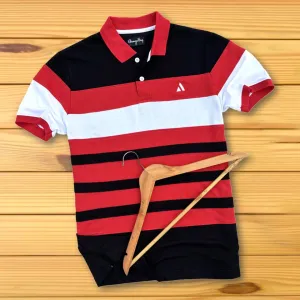 Red Collar Polo T-Shirt Black with White 3 Stripes