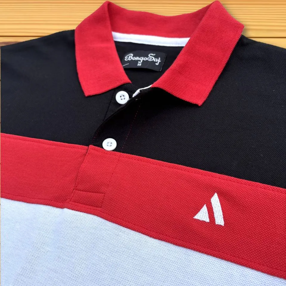Red Collar Polo T-Shirt Black with White 3 Stripes