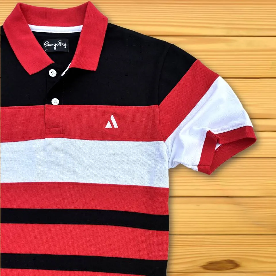 Red Collar Polo T-Shirt Black with White 3 Stripes