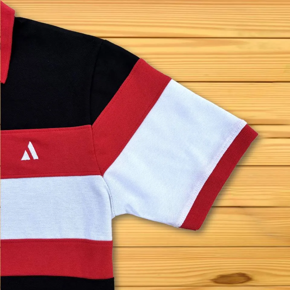 Red Collar Polo T-Shirt Black with White 3 Stripes