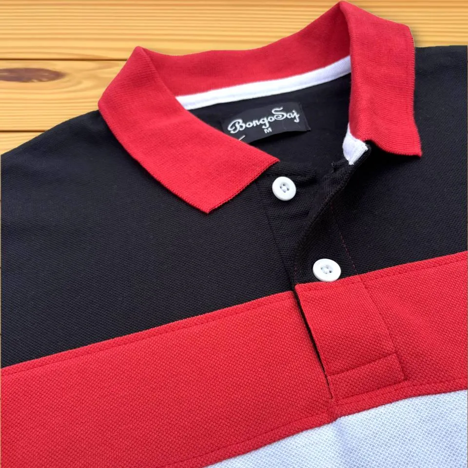 Red Collar Polo T-Shirt Black with White 3 Stripes