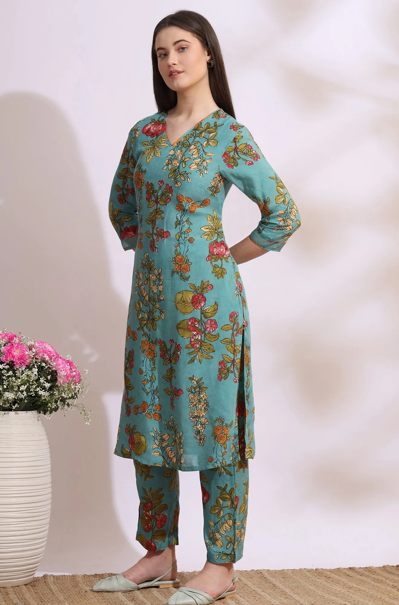 Reef Blue Floral Printed Modal Straight Kurta, Pants and Dupatta Set