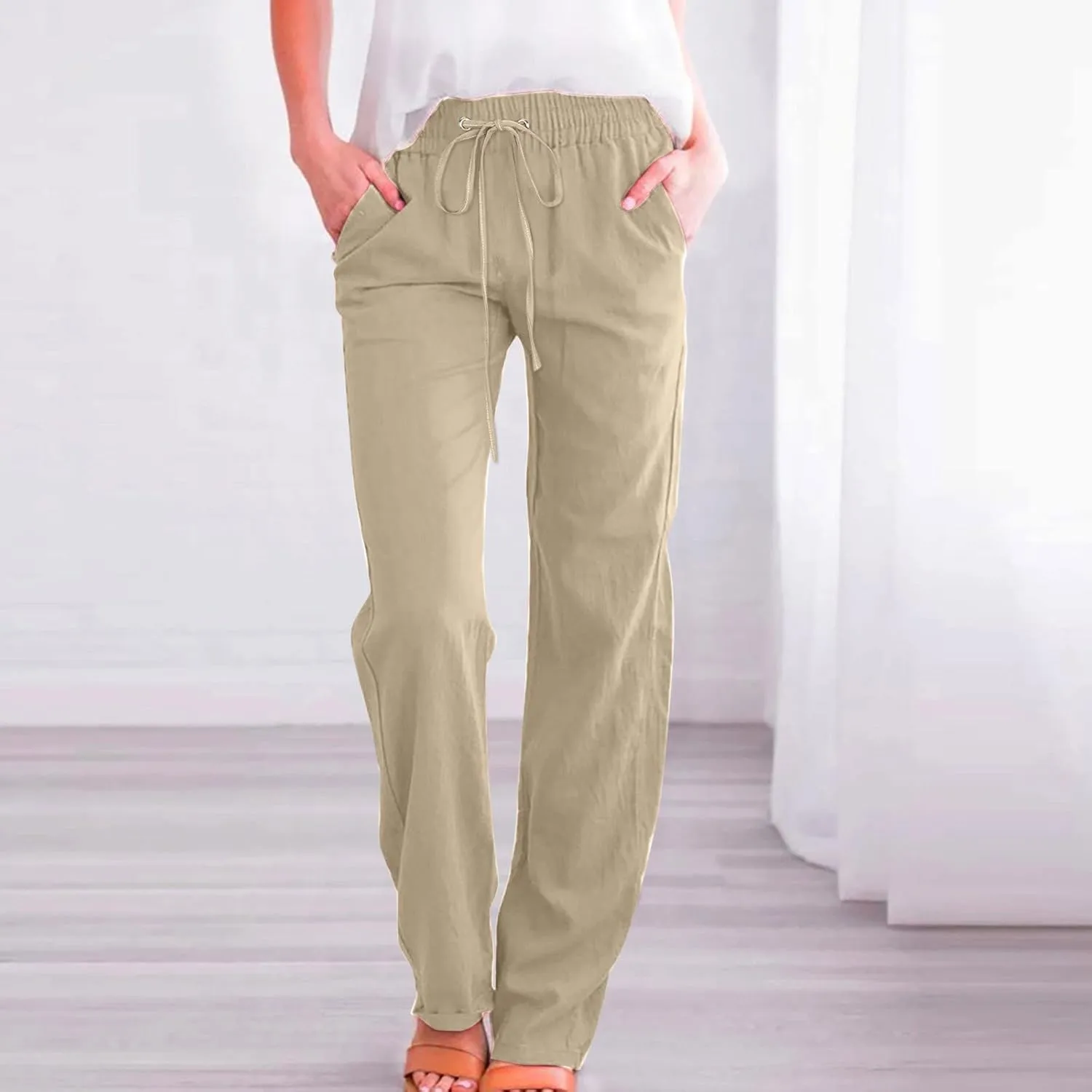 Rvidbe Women Pants Trendy Womens Casual Straight Leg Drawstring Elastic Pants High Waist Loose Comfy Trousers Pants