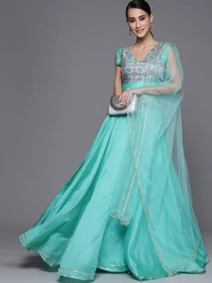 Sea Green Laced Semistitched Lehenga with Woven  Blouse and Net Dupatta