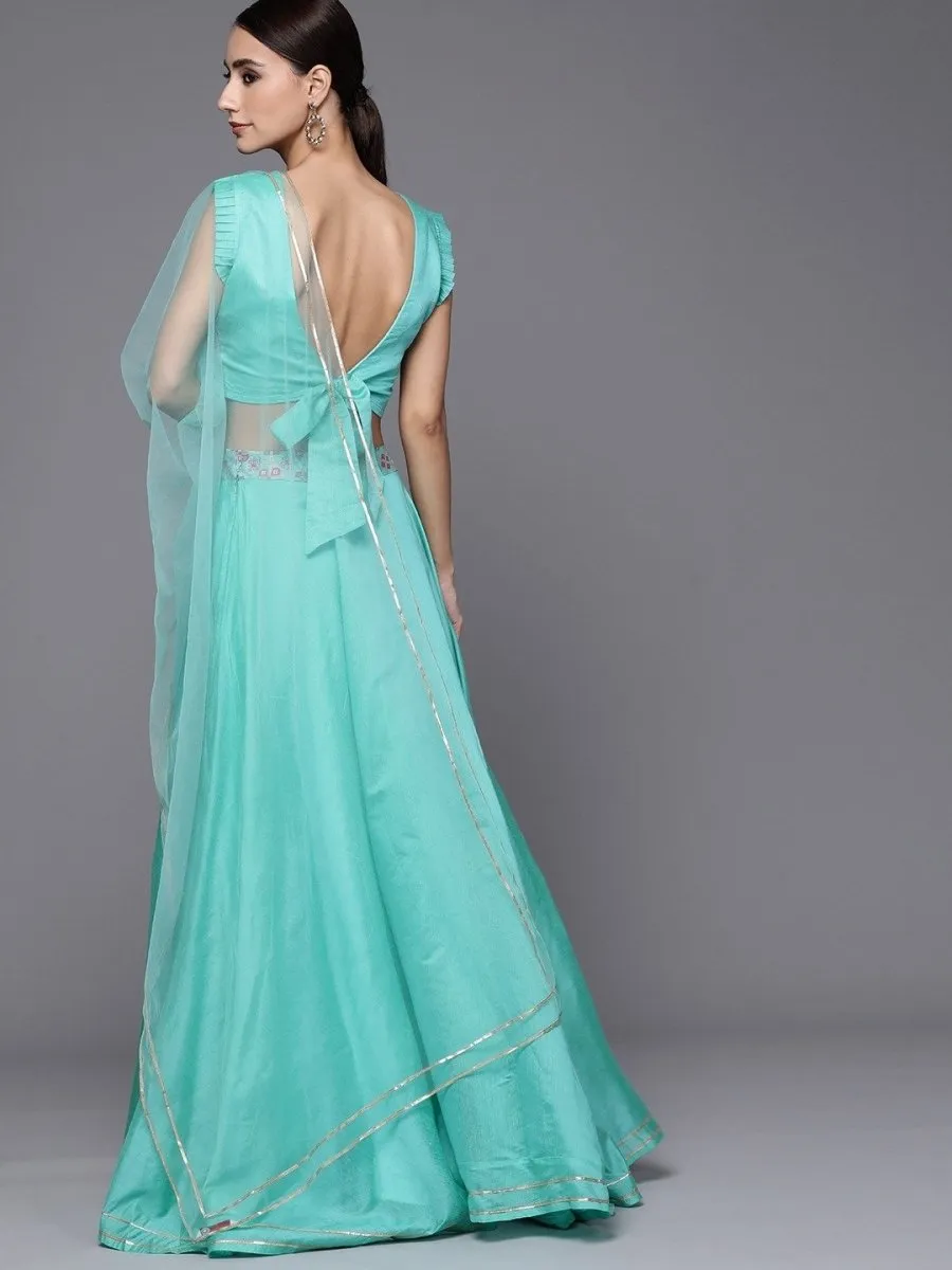 Sea Green Laced Semistitched Lehenga with Woven  Blouse and Net Dupatta