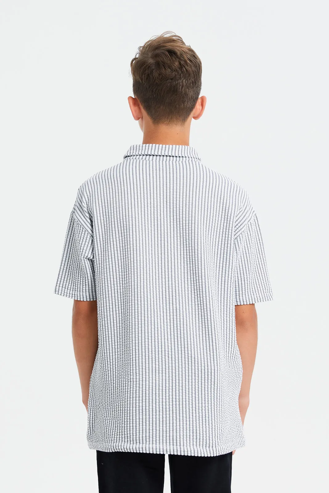 Senior Boys Grey Stripe Mandarin Polo Shirt