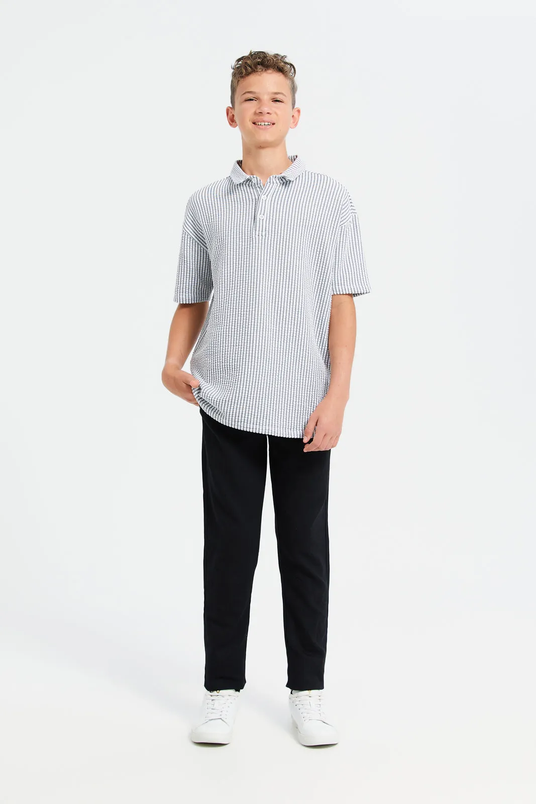 Senior Boys Grey Stripe Mandarin Polo Shirt